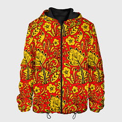 Куртка с капюшоном мужская Хохломская роспись золотистые цветы на красном фон, цвет: 3D-черный