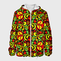 Куртка с капюшоном мужская Хохломская роспись красные цветы и ягоды, цвет: 3D-белый
