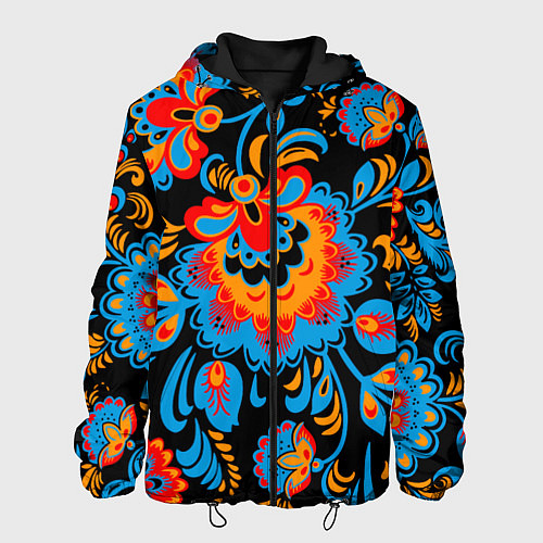 Мужская куртка Хохломская роспись разноцветные цветы на чёроном ф / 3D-Черный – фото 1