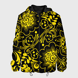 Куртка с капюшоном мужская Хохломская роспись золотые цветы на чёроном фоне, цвет: 3D-черный