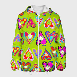 Куртка с капюшоном мужская Разноцветные сердца в мексиканском стиле, цвет: 3D-белый