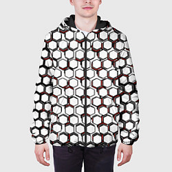 Куртка с капюшоном мужская Киберпанк узор из шестиугольников красный, цвет: 3D-черный — фото 2