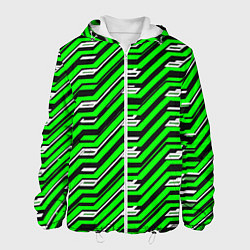 Куртка с капюшоном мужская Чёрно-зелёный линейный узор киберпанк, цвет: 3D-белый