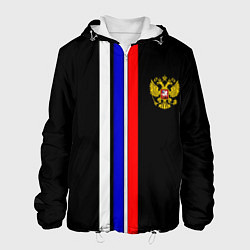 Куртка с капюшоном мужская Герб РФ триколор полосы, цвет: 3D-белый