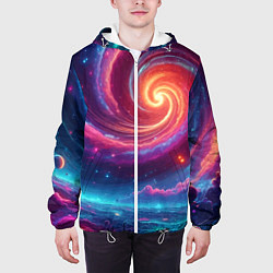 Куртка с капюшоном мужская Яркая неоновая галактика - нейросеть, цвет: 3D-белый — фото 2