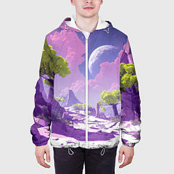 Куртка с капюшоном мужская Фиолетовые горы зеленые деревья и космос, цвет: 3D-белый — фото 2