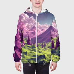 Куртка с капюшоном мужская Геометрический зеленый пейзаж и фиолетовые горы, цвет: 3D-белый — фото 2