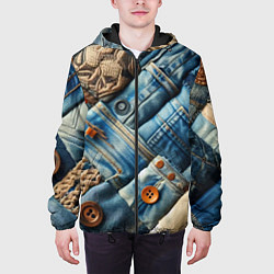 Куртка с капюшоном мужская Джинсовый пэчворк с пуговицами - мода, цвет: 3D-черный — фото 2