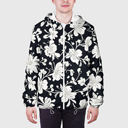 Куртка с капюшоном мужская Патерн белых цветов на черном фоне, цвет: 3D-белый — фото 2