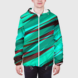 Куртка с капюшоном мужская Бирюзовый и бордовый абстрактные полосы, цвет: 3D-белый — фото 2