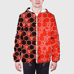 Куртка с капюшоном мужская Техно-киберпанк шестиугольники красный и чёрный, цвет: 3D-белый — фото 2