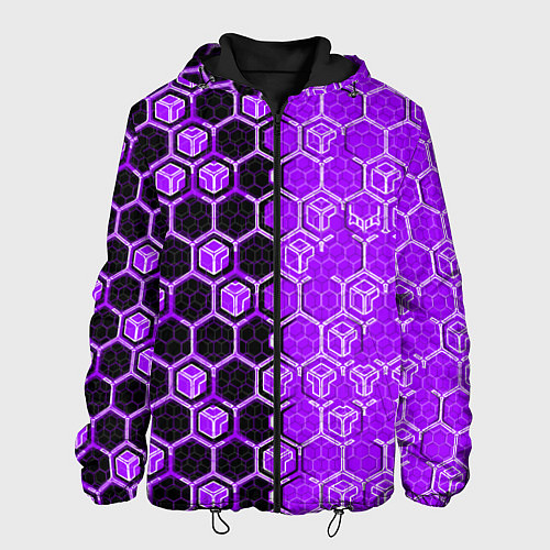 Мужская куртка Техно-киберпанк шестиугольники фиолетовый и чёрный / 3D-Черный – фото 1