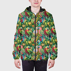 Куртка с капюшоном мужская Влюбленные попугаи в листьях, цвет: 3D-черный — фото 2
