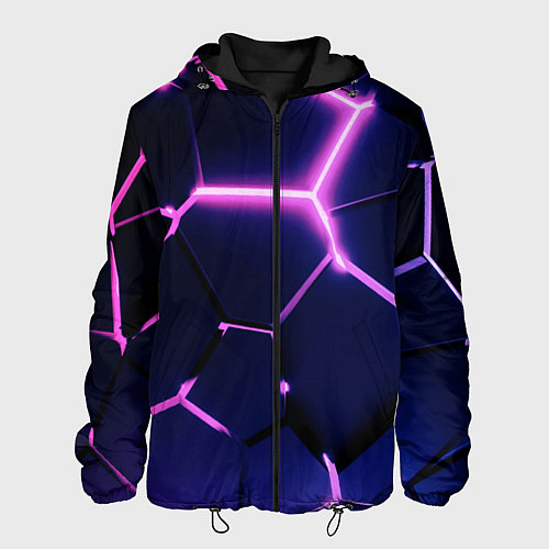 Мужская куртка Сине-фиолетовые неоновые плиты в разломе / 3D-Черный – фото 1