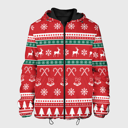 Мужская куртка Новогодний паттерн с оленями снежинками леденцами / 3D-Черный – фото 1