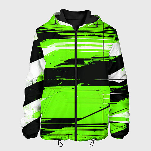 Мужская куртка Горизонтальные чёрно-белые линии на зелёном фоне / 3D-Черный – фото 1