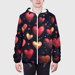 Куртка с капюшоном мужская Красные и золотые сердечки, цвет: 3D-белый — фото 2