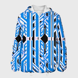 Куртка с капюшоном мужская Бело-синие техно полосы на чёрном фоне, цвет: 3D-белый
