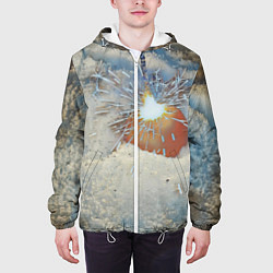 Куртка с капюшоном мужская Искрящийся мандарин на снегу, цвет: 3D-белый — фото 2