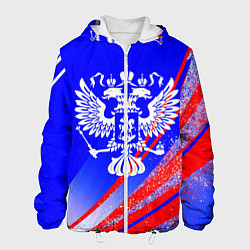 Куртка с капюшоном мужская Герб России на фоне цветов флага синий, цвет: 3D-белый