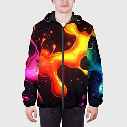 Куртка с капюшоном мужская Радужные кляксы на черном фоне, цвет: 3D-черный — фото 2