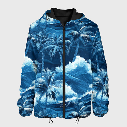 Мужская куртка Пальмы и волны - голубые оттенки паттерн / 3D-Черный – фото 1
