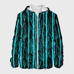 Куртка с капюшоном мужская Бирюзовые полоски-деревья на темном фоне - паттерн, цвет: 3D-белый