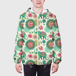 Куртка с капюшоном мужская Слоны и мандалы паттерн в индийской стилистике, цвет: 3D-белый — фото 2
