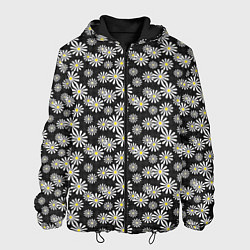 Куртка с капюшоном мужская Белые цветы ромашки на черном в мелкий горошек, цвет: 3D-черный