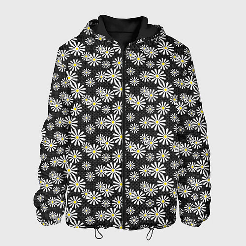 Мужская куртка Белые цветы ромашки на черном в мелкий горошек / 3D-Черный – фото 1