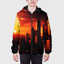 Куртка с капюшоном мужская Стилизованный город оранжевый закат, цвет: 3D-черный — фото 2