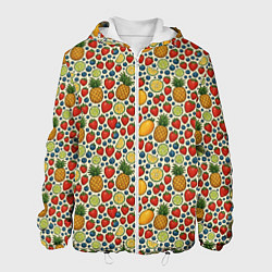 Куртка с капюшоном мужская Фрукты и ягоды в паттерне, цвет: 3D-белый