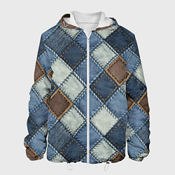 Куртка с капюшоном мужская Джинсовый пэчворк ромбовый узор, цвет: 3D-белый