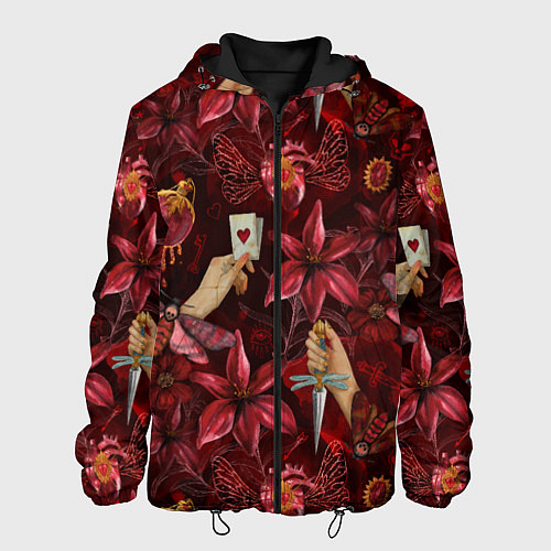 Мужская куртка Бордовая готика с сердцем, лилиями и мотыльками / 3D-Черный – фото 1