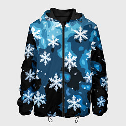 Куртка с капюшоном мужская Стилизованный паттерн со снежинками тёмно-синий, цвет: 3D-черный