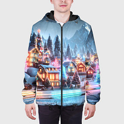 Куртка с капюшоном мужская Городок в новогодних огоньках, цвет: 3D-черный — фото 2