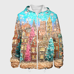 Куртка с капюшоном мужская Новогодний город в блестках, цвет: 3D-белый