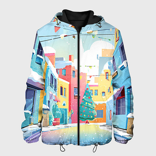 Мужская куртка Разноцветный новогодний дворик / 3D-Черный – фото 1