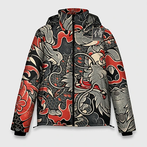 Мужская зимняя куртка Самурай Якудза, драконы / 3D-Светло-серый – фото 1