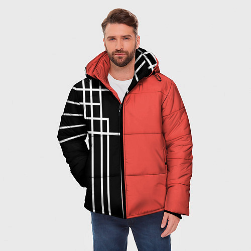 Мужская зимняя куртка Черный и коралловый арт деко / 3D-Красный – фото 3