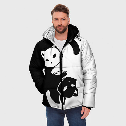 Мужская зимняя куртка Черный и белый кот кувыркаются / 3D-Красный – фото 3