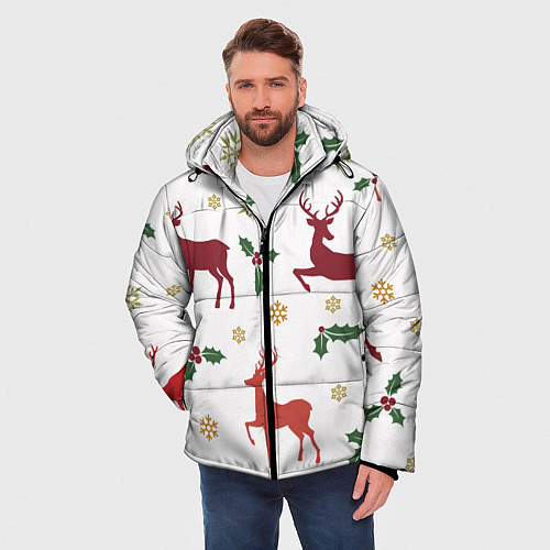 Мужская зимняя куртка Новогодние Олени Снежинки / 3D-Красный – фото 3