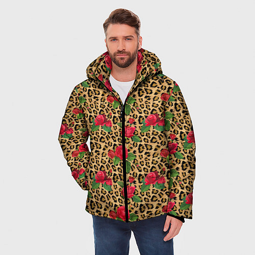 Мужская зимняя куртка Шкура Леопарда в Цветах / 3D-Красный – фото 3
