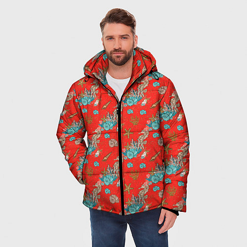 Мужская зимняя куртка Морские коньки паттерн / 3D-Красный – фото 3
