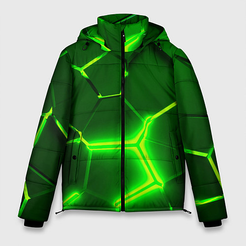 Мужская зимняя куртка 3D ПЛИТЫ НЕОН NEON GREEN HEXAGON РАЗЛОМ / 3D-Светло-серый – фото 1