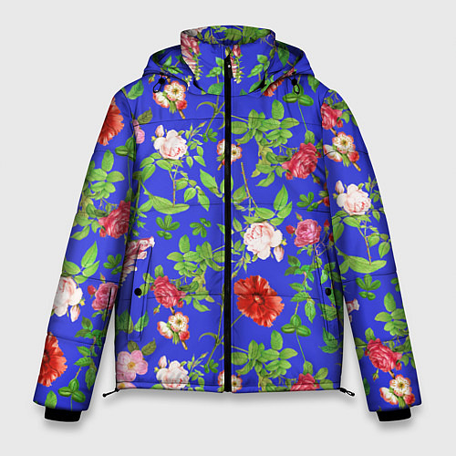 Мужская зимняя куртка Цветочки - синий фон - паттерн / 3D-Светло-серый – фото 1