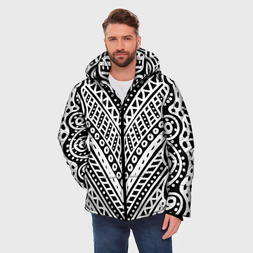 Мужская зимняя куртка Абстракция черно-белая Волны, полосы, вензеля Моно / 3D-Красный – фото 3