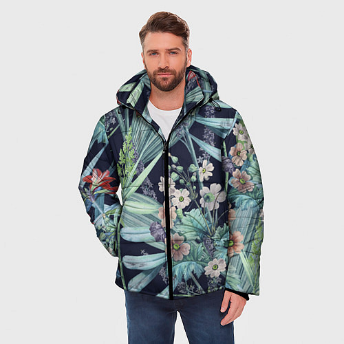 Мужская зимняя куртка Цветы Синие Ботанические / 3D-Красный – фото 3