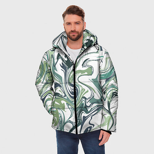 Мужская зимняя куртка Зеленый мрамор Абстрактный узор с прожилками и раз / 3D-Светло-серый – фото 3