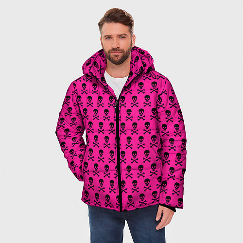 Мужская зимняя куртка Розовый фон с черепами паттерн / 3D-Красный – фото 3